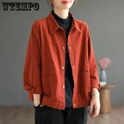 Veste en Coton Couleur Unie Vêtement de Travail Manteau Court Col Polo Haut Décontracté pour Femme Navettage Simple Ample Printemps Automne M rouge vin
