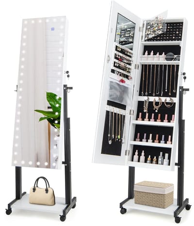 COSTWAY Sieradenkast met wieltjes, 4-in-1 spiegelkast met 3-kleurige ledlampen en verstelbare hoogte, afsluitbaar met full-body spiegel en steunstang, 46 x 36 x 175 cm