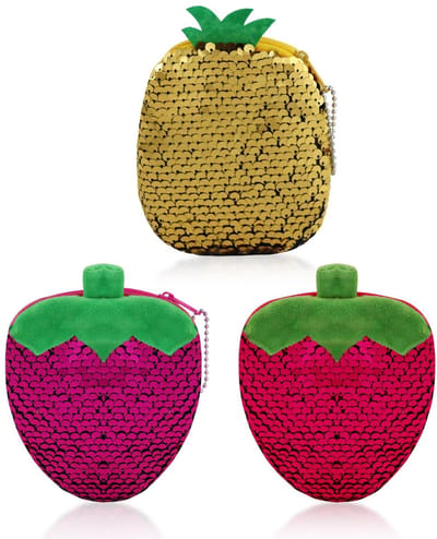 Dailygoods - 3 stuks damesportemonnee, klein, leuk fruitpatroon, kleine portemonnee met ritssluiting, pailletten, mini-portemonnee voor reizen, werken, winkelen, rood, roze en geel, Small, Schattig