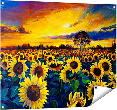 Gards Tuinposter Getekende Zonnebloemen Veld met Olieverf - 100x80 cm - Tuindoek - Tuindecoratie - Wanddecoratie buiten - Tuinschilderij