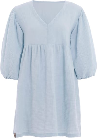 Knit Factory Drew Dames Jurk - Zomerjurk - Strandjurk - Driekwart pofmouwen - Mousseline jurk van hoge kwaliteit - 100% ecologisch katoen - Serein Blue - 36/38