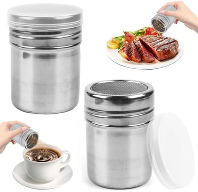 Dailygoods- Poedersuiker-container 2 stuks - Roestvrij Staal - Luchtdicht Deksel - Meelzeefjes - Diameter 5 cm - Hoogte 7 cm - Strooibus