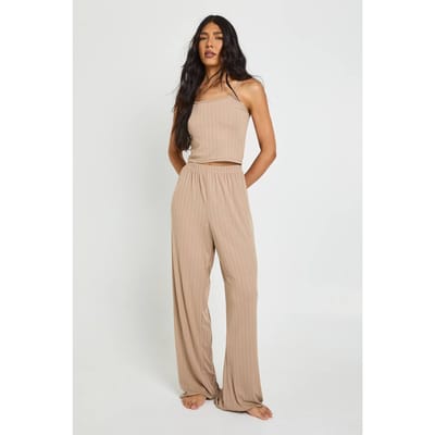 boohoo Dames Tall Pointelle Hemdje En Wijde Pijpen Pyjamaset | Mokka | Maat: 44