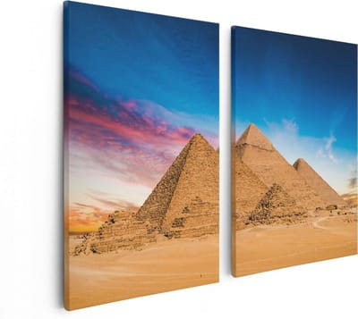 Artaza Canvas Schilderij Tweeluik Egyptische Piramides bij Zonsondergang - 80x60 - Foto Op Canvas - Canvas Print