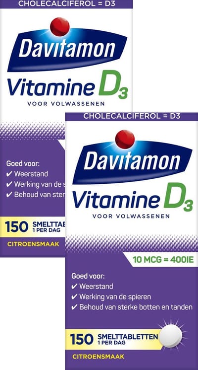 Davitamon Vitamine D Volwassen - Vitamine D3 volwassenen - Kleine smelttabletjes 2 x 150 stuks - BUNDEL