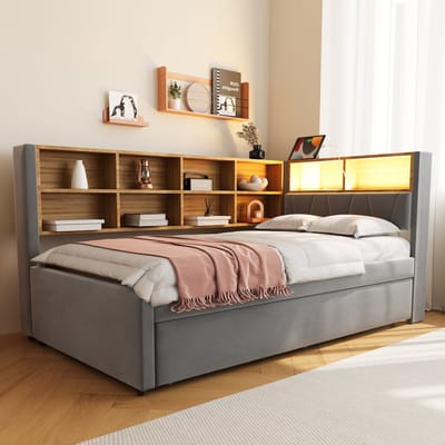 HAUSS SPOLE Slaapbank 90x200 cm - Eenpersoonsbed Met Opbergladen - Zeer Comfortabel - Flanel - Donkergrijs
