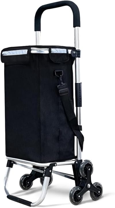 Famanu - Boodschappentrolley met 6 wielen van aluminium met waterdicht geïsoleerd vak, boodschappentrolley, opvouwbaar, 3-in-1, tas, trolley, trap, zwart