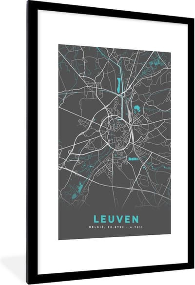 Fotolijst incl. Poster - Plattegrond – Leuven – Blauw – Stadskaart - Kaart - België - 60x90 cm - Posterlijst