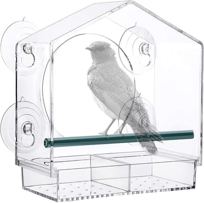 zuigvenster vogelvoederhuis, grote capaciteit venster vogelvoederbak met verwijderbare zaaibak en afvoergaten voor vogelvoeding Dunnock Blue Tit Robin kleine wilde vogels, 21 cm x 20 cm x 10 cm