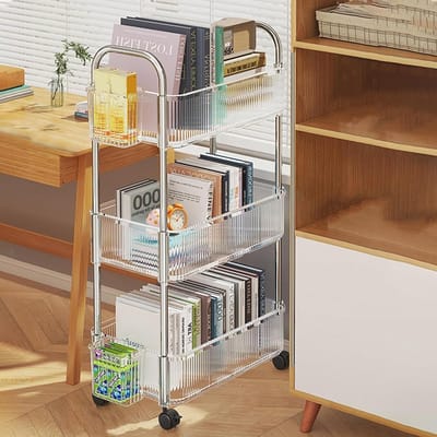 Opbergtrolley met mand - Verrijdbare kast - Keuken organiseren - Transparant acryl - 3 lagen - Doorzichtig