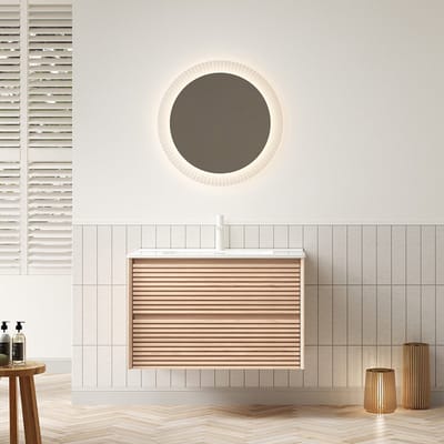 Pugsdrly 81 cm wandgemonteerde wastafel voor de badkamer met witte rechthoekige keramische onderbouw wastafel, gestreept multiplex kastje met 2 lades, voorgemonteerd, kaneel walnoot houtnerf kleur
