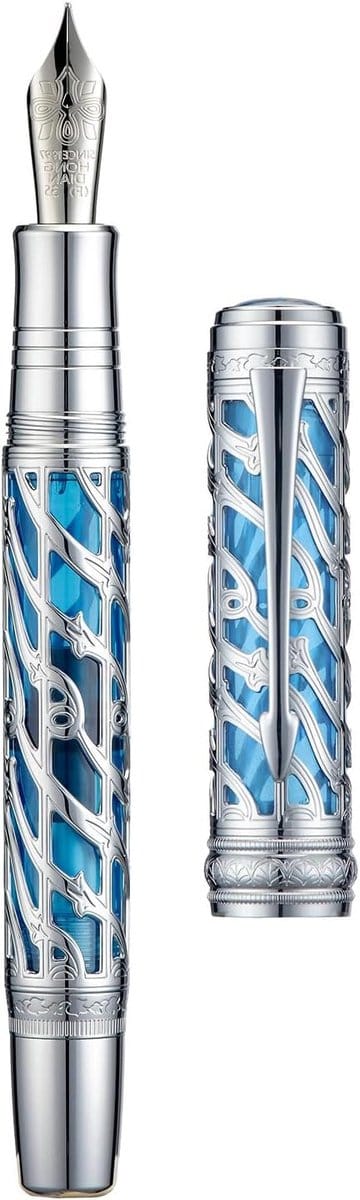 Piston Vulpen met Fijne Zachte Nib, Zilverblauwe Holle Skeleton en Hars, Inclusief Metalen Etui Set