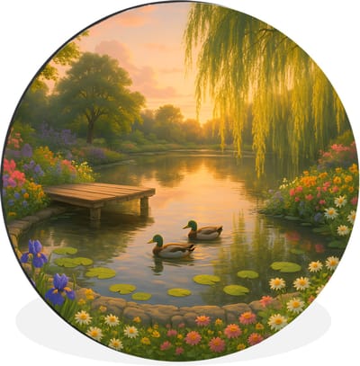 WallCircle - Wandcirkel - Muurcirkel - Eenden - Vijver - Bloemen - Aluminium - Dibond - 30x30 cm - Binnen en Buiten