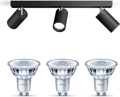 Philips Idris Opbouwspot voor Badkamer(Zwart) - Badkamerlamp - Warmwit Licht - Plafondspot met 3 Lichtpunten - GU10 - Niet Dimbaar