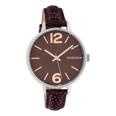OOZOO Timepieces - Zilverkleurige horloge met bordeaux rode leren band - C10457