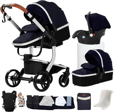 3-in-1 Kinderwagen PU Leer Met Omkeerbare Duwstang en Eén Klik Opvouwbaar