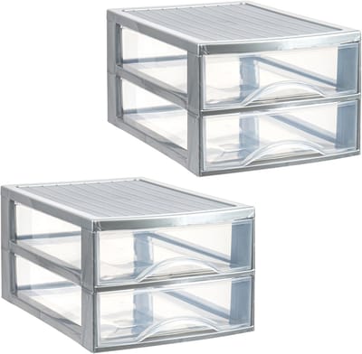 Plasticforte Ladekastje bureau organizer - 3x - 2 lades - zilver/transparant - L26 x B35 x H19 cm - kunststof