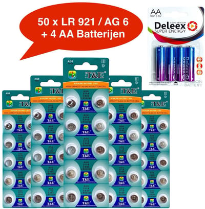 AG6 / 371A horloge knoopcel batterijen - 5x10 strips = 50 stuks + 4 stuks AA (AG6 LR69 LR921 GP71A 370 371 SR69 SR920SW SR920W V371 171 LR920 SR920 SR921 537 605 1171SO 1188SO 280-31 371L CX69 D370 D371 G6 S18 S21 SP371 TR920SW 371A 371B GP71 LR920W)