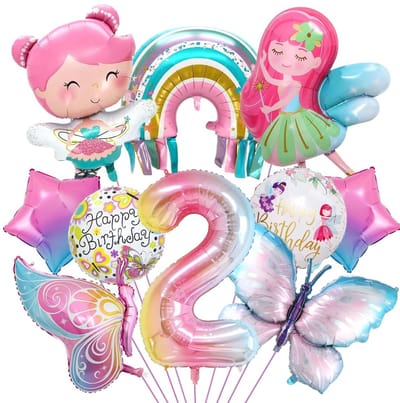 Dailygoods- Folieballon Set 1 - Nummer "2" Folieballon (101 cm) - Sterballonnen (45 cm) - Ronde Ballonnen (45 cm) - Vlinderballonnen - Hoogwaardig Aluminiumfolie - Feestballonnen