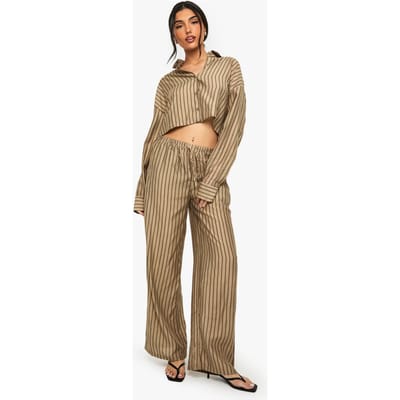 boohoo Dames Boxy Gestreept Langmouw Shirt & Wijde Pijp Broek Strandset | Brown | Maat: 6