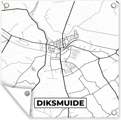 Tuin poster Zwart Wit – België – Plattegrond – Stadskaart – Kaart – Diksmuide - 200x200 cm - Tuindoek
