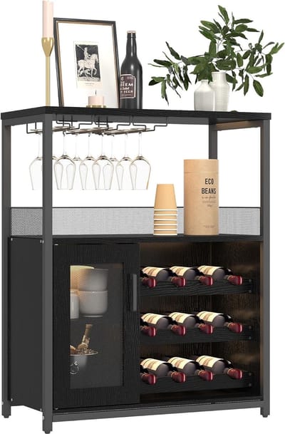 Moderne 3-laags wijnbar kast – afneembaar wijnrek, glasophang, gaasdeur en veel opbergruimte – drankdressoir voor thuis, keuken, eetkamer en woonkamer