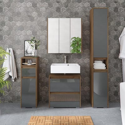 Smalle Badkamerkast Hoogglans Antraciet met Walnoot Accenten - 30.2 x 191.5 cm