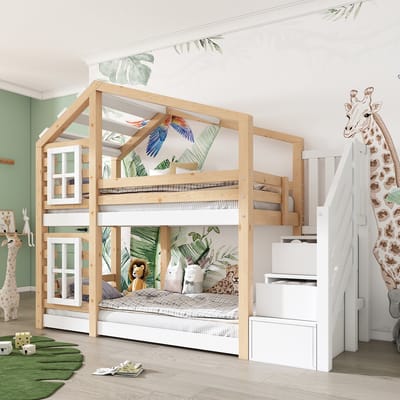 MODFU Kinder stapelbed 90x200 cm van massief hout en MDF – boomhuisdesign met opbergruimte – naturel/wit – EN747