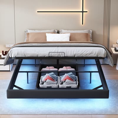 Zwart Hydraulisch Opbergbed 160x200 cm – Tweepersoonsbed met LED Sfeerverlichting & Ruime Opberglades