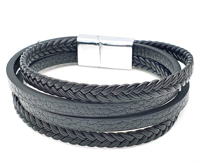 Herenarmband zwart met kunstleer strookjes en metalen magneetsluiting - 20 cm
