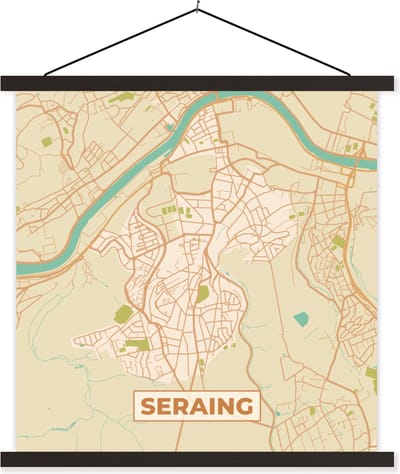 Posterhanger incl. Poster 60x60 cm - Schoolplaat - Vintage - Kaart - Seraing - Plattegrond - Stadskaart - Textielposter - Zwarte latten - Stadskaart
