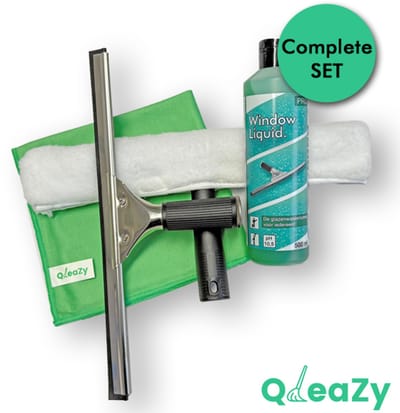 Professionele Glazenwassers - Zeemset STANDAARD - 35cm rvs raamtrekker met inwashouder met hoes & QleaZy Window Liquid.