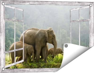 Gards Tuinposter Doorkijk Olifanten Familie in de Jungle - Olifant - 60x40 cm - Tuindoek - Tuindecoratie - Wanddecoratie buiten - Tuinschilderij