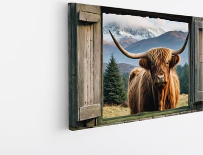Saammp Canvas Schilderij - Schotse hooglander Koe - Doorkijk - Dieren - 45x30 - Foto op canvas - Wanddecoratie - Muurdecoratie Woonkamer - Slaapkamer decoratie - Canvas Print