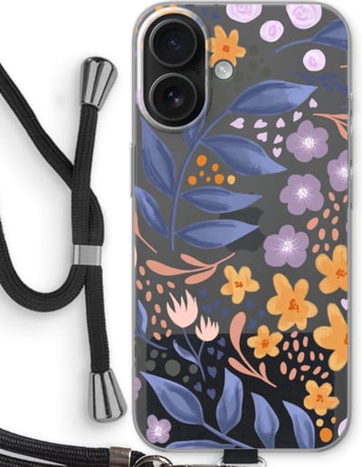 Case Company® - Hoesje met koord geschikt voor iPhone 16 hoesje met Koord - Flowers with blue leaves - Telefoonhoesje met Zwart Koord - Bescherming aan alle Kanten en Over de Schermrand
