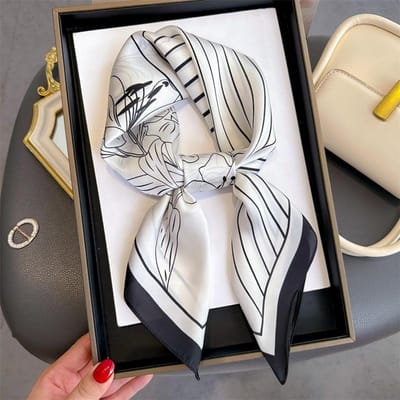 Écharpe en soie pour femme 70 cm Carré Imprimé Floral Bandana Foulard Hijab Dame Luxe 70x70cm gray