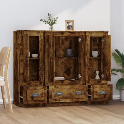 vidaXL - Hoge - kasten - 3 - st - bewerkt - hout - gerookt - eikenkleurig