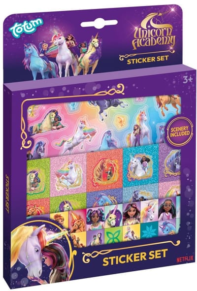 Unicorn Academy Totum sticker set | 3 vellen stickers en speeldecor | speelgoed knutselen meisjes en jongens vanaf 3 jaar