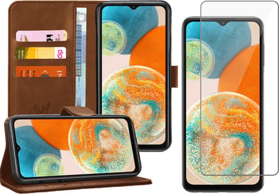 Hoesje geschikt voor Samsung A23 - Book Case Kunstleer Wallet Cover Portemonnee Pasjeshouder Hoes Bruin - Tempered Glass Screenprotector