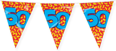 Vlaggenlijn 50 jaar - Abraham - Sarah - Vlaggetjes - Verjaardag - Feest - Versiering - Decoratie - Volwassenen - Heren - Dames - Folie - blauw - rood - geel