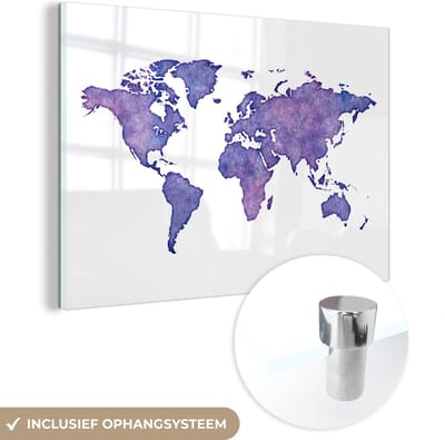 ® Glasschilderij 180x120 cm - Schilderij acrylglas - Wereldkaart - Waterverf - Paars - Foto op glas - Muurdecoratie woonkamer - Wanddecoratie slaapkamer - Schilderijen