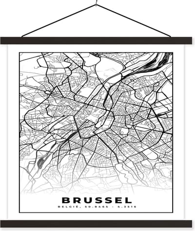 Posterhanger incl. Poster 60x60 cm - Schoolplaat - België – Brussel – Stadskaart – Kaart – Zwart Wit – Plattegrond - Textielposter - Zwarte latten - Stadskaart