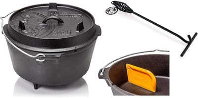 Gietijzeren Braadpan Set - Vuurpan Dutch Oven - Buiten Koken - Inclusief Lifter Schraper - 6.1 Liter Capaciteit - Zwart