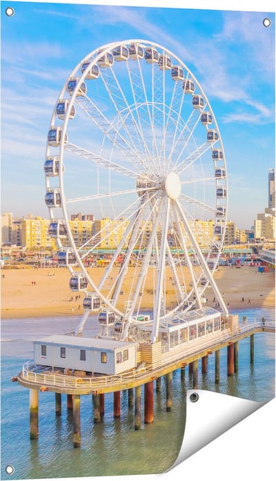 Gards Tuinposter Scheveningen Pier met de Ferris Wheel - Reuzenrad - 60x90 cm - Tuindoek - Tuindecoratie - Wanddecoratie buiten - Tuinschilderij
