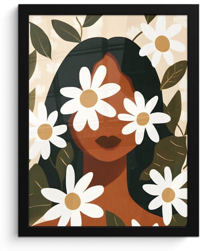Poster in lijst - Fotolijst 30x40 cm - Posters - Illustratie - Vrouw - Madeliefjes - Wit - Posterlijst zwart - Decoratie - Wanddecoratie woonkamer - Muurdecoratie slaapkamer