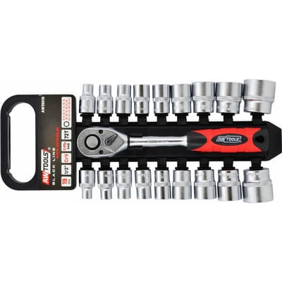Awtools AW39019 Serie - Dopsleutelset - 19 Delig - Ergonomische Ratelsleutel - Staal