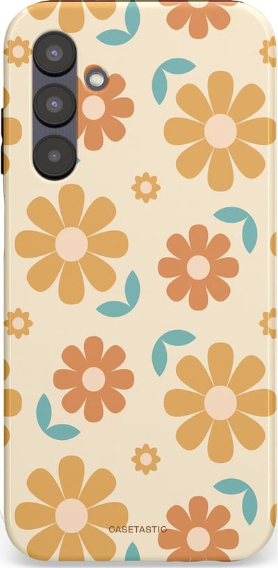 Casetastic hoesje geschikt voor Samsung Galaxy A25 - Dubbellaagse bescherming - Flower power Retro Bloemen - Geel - Oranje - Blauw - Fashion Case - Crème Goud Perzik