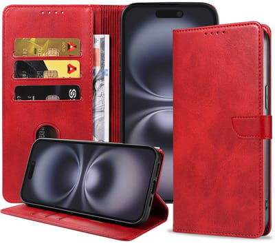 Geschikt voor iPhone 16 Telefoonhoesje Kunstleer met Magnetisch lipje en Pasjeshouder Book Case met Klepje - Rood - Smartphonica geschikt voor iPhone 16