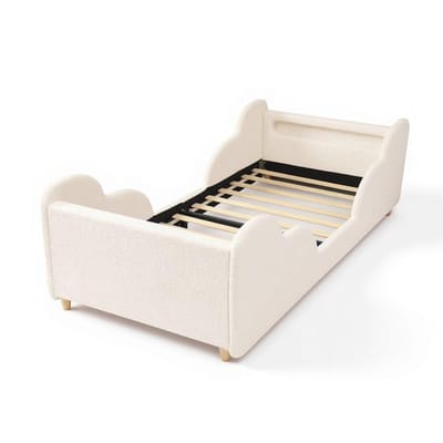 Eenzaambed 90x200 cm met fluwelen bekleding hoofdeinde en massief houten poten-Beige + Fluweel.