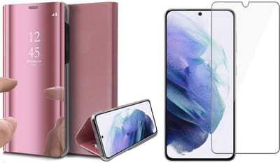 Hoesje geschikt voor Samsung Galaxy S21 Plus - Screen Protector GlassGuard - Book Case Spiegel Roségoud & Screenprotector